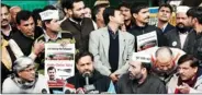  ?? PTI ?? AAP leaders Yogendra Yadav, Manish Sisodia and others addressing a press conference in New Delhi on 15 February.