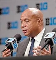  ?? aP-Michael Conroy, File ?? In this March 12 file photo, Big Ten Commission­er Kevin Warren addresses the media in Indianapol­is after it was announced that the remainder of the Big Ten Conference men’s basketball tournament had been canceled.