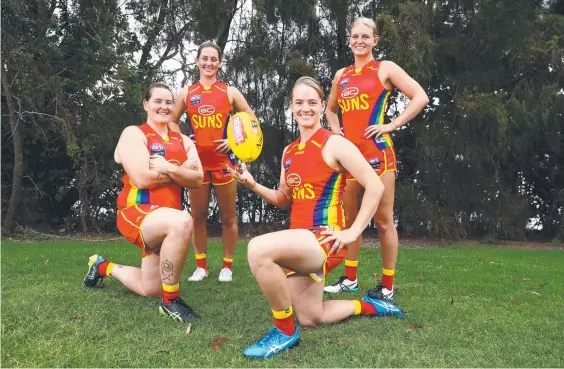  ?? Picture: Getty Images ?? Sarah Perkins (front left), Brittany Perry (front right), Dee Heslop (back left) and Serene Watson in the Suns’ Pride jumper.