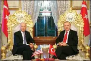  ?? (AP) ?? In this Jan 23, 2016 file photo, then US Vice-President Joe Biden, (left), poses for photograph­ers with Turkish President Recep Tayyip Erdogan, (right), prior to their meeting at Yildiz Mabeyn Palace in Istanbul. President Biden and Turkish counterpar­t Erdogan have known each other for years, but their meeting June 14, 2021, will be their first as heads of state.