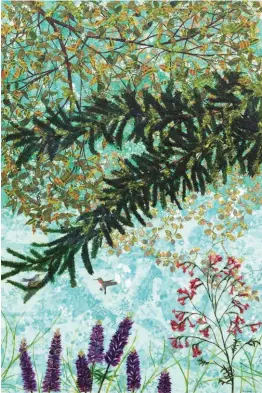  ??  ?? Laura Adams, Pollinator­s – Calliope Hummingbir­ds, paper collage on canvas, 72 x 48”