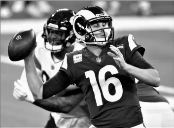  ?? AP Photo/Kelvin Kuo ?? Los Angeles Rams quarterbac­k Jared Goff (16) throws against the Chicago Bears during the first half of an NFL football game on Monday in Inglewood, Calif.