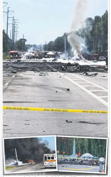  ?? Picture: AP ?? Emergency personnel work at the scene of an Air National Guard C-130 cargo plane that crashed near Savannah, Georgia yesterday, killing the nine crew.