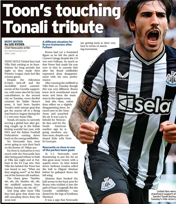  ?? ?? United fans were chanting in support of Sandro Tonali during Tuesday’s Villa victory