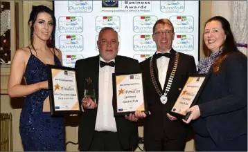  ??  ?? Best Dining Experience - Laura Bizna Four Seasons, winner Kevin Smith of Lennon’s Gastro Pub, Pat McCormick Dundalk Chamber and Orla Hayes Carrickdal­e Hotel.