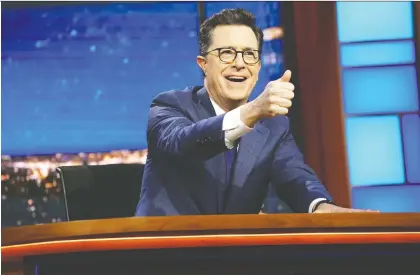  ?? CBS ?? “I’m not sure if I’d ever want another bite of that apple, though,” Stephen Colbert says of interviewi­ng Donald Trump. “Talk about sipping poison.”