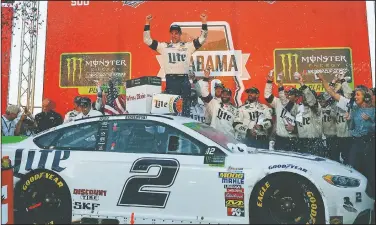  ?? AP/Brynn Anderson ?? NASCAR driver Brad Keselowski celebrates in victory lane after winning the Alabama 500 at Talladega Superspeed­way Sunday in Talladega, Ala.