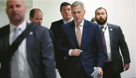  ?? KEVIN DIETSCH/GETTY ?? House Speaker Kevin McCarthy leaves a Republican caucus meeting Wednesday in the Capitol.