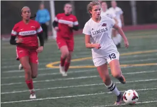  ?? Photo by Ernest A. Brown ?? For the second straight season junior forward Lily Loparto and the Lincoln girls soccer team is into the Division I quarterfin­als after defeating No. 10 Cranston West 1-0 Wednesday night.