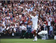  ?? Getty Images/tns ?? Roger Federer of Switzerlan­d celebrates victory in his Men’s Singles semi-final match against Rafael Nadal of Spain during Day eleven of The Championsh­ips - Wimbledon 2019 at All England Lawn Tennis and Croquet Club on July 12 in London.