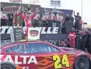  ?? JIM DEDMON/USA TODAY SPORTS ?? William Byron celebrates his Cook Out 400 win on Sunday at Martinsvil­le Speedway.