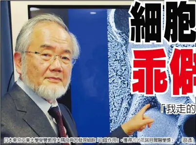  ??  ?? 日本東京工業大學榮譽­教授大隅良典因發現細­胞「自噬作用」，獲得2016年諾貝爾­醫學獎。 （路透）