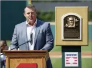  ?? TONY DEJAK — THE ASSOCIATED PRESS ?? Former Cleveland Indians and Hall of Famer Jim Thome speaks before a baseball game between the Cleveland Indians and the Baltimore Orioles, Saturday in Cleveland.