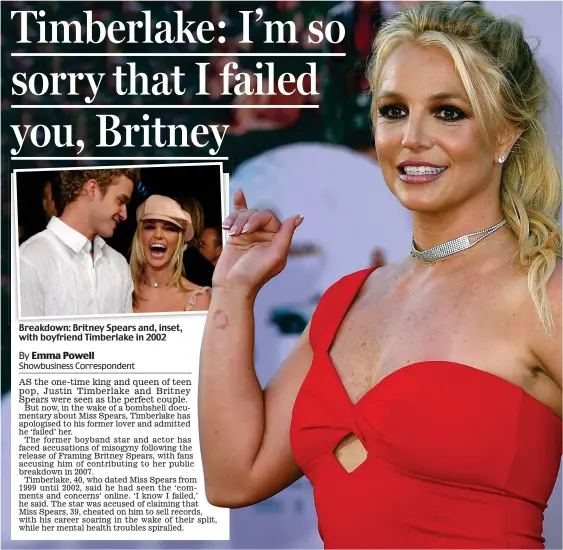  ??  ?? Breakdown: Britney Spears and, inset, with boyfriend Timberlake in 2002