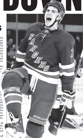  ?? Robert Sabo ?? OH, YEAH! Brett Howden lets out a scream following a first-period goal Thursday. Howden had a goal and an assist while centering the third line with Brendan Lemieux and Jesper Fast.