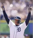  ?? AP photo ?? Miguel Cabrera of the Tigers reacts after getting his 3,000th career hit Saturday.