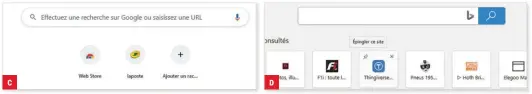  ??  ?? Avec Edge, la fonction Pages récentes permet de créer facilement des raccourcis visuels sur la page de démarrage. La page de démarrage de Chrome reprend noms et logos des sites ajoutés, sous forme de boutons cliquables.