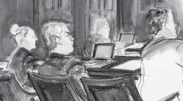  ?? AP ?? In this courtroom sketch in Federal court, in New York, on Tuesday, former Honduran President Juan Orlando Hernandez (seated centre) at the defense table, is flanked by his attorneys at the start of his trial.