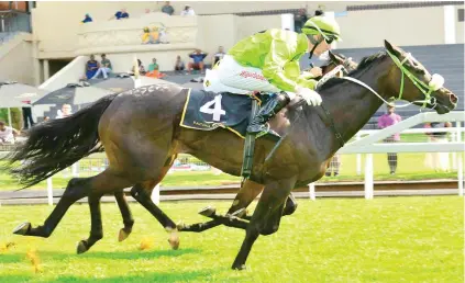  ?? Picture: JC Photograph­ics ?? ALL HEART. All At Once and Craig Zackey rally to beat Mighty High in the Listed Swallow Stakes at Turffontei­n at the weekend.