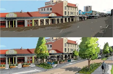  ?? IMAGES: SUPPLIED ?? Palmerston North’s Cuba St outside Distinctio­n Hotel as it is in 2016, and how it could look after a streetscap­e makeover.