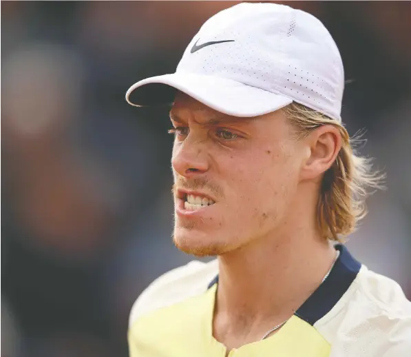  ?? ADAM PRETTY/GETTY IMAGES ?? Canadian Denis Shapovalov reacts on Monday during his Men's Singles First Round match against Holger Rune of Denmark on Day 3 of the French Open at Roland Garros in Paris.