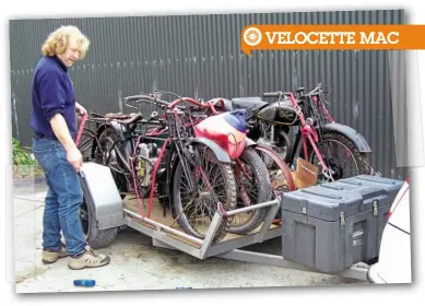  ??  ?? Above: Donald wrangling the five motorcycle­s on the large trailer. The MAC is on the right
Below: The initial stripdown: the bike’s actually from 1946 rather than 1938