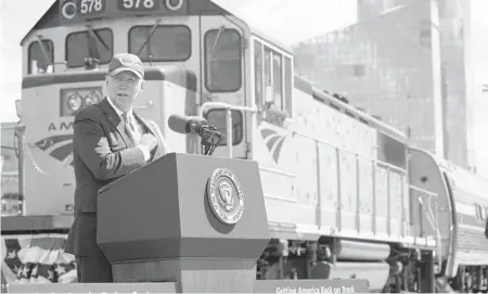  ?? STEFANI REYNOLDS/THE NEW YORK TIMES ?? President Joe Biden speaks Friday in Philadelph­ia during an event to mark Amtrak’s 50th anniversar­y. As a senator, he often used the rail service to travel to Washington from his home in Wilmington, Delaware.