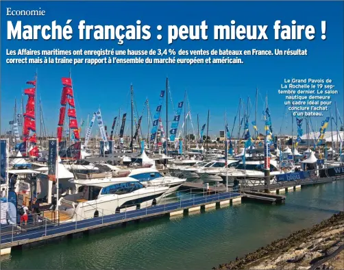  ??  ?? Le Grand Pavois de La Rochelle le 19 septembre dernier. Le salon nautique demeure un cadre idéal pour conclure l’achat d’un bateau.