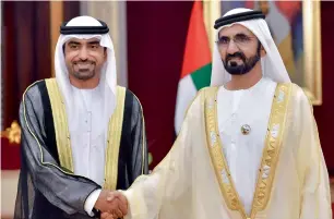  ??  ?? Fahad Saeed Al Raqbani is being sworn in as the Ambassador of the UAE to Canada before Sheikh Mohammed bin Rashid at the Presidenti­al Palace in Abu Dhabi. Sheikh Mohammed wished the ambassador success on his new assignment to serve the interests of the...