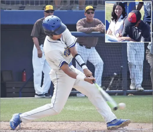  ?? KARINA LOPEZ PHOTOS ?? ABOVE: Jacob Sapp reaches for a hit against Serra in the CIF-SDS Div. III championsh­ip game last season in San Diego.
INSET: Sapp signs his letter of intent to play ball at Grace College in Winona Lake, Indiana as his mother Veronica Ruelas looks on.