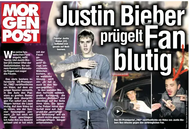  ??  ?? Popstar Justin Bieber (22) befindet sich gerade auf Welttourne­e. Das US-Promiporta­l „TMZ“veröffentl­ichte ein Video von Justin Biebers Box-Attacke gegen den aufdringli­chen Fan.