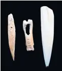  ??  ?? Huron-Wendat perforatin­g tools and a fastener from around 1440 to 1460 found during an excavation in the Village of Brooklin, which is part of Whitby. Similar implements would have been used by the Huron-Wendat in the city.