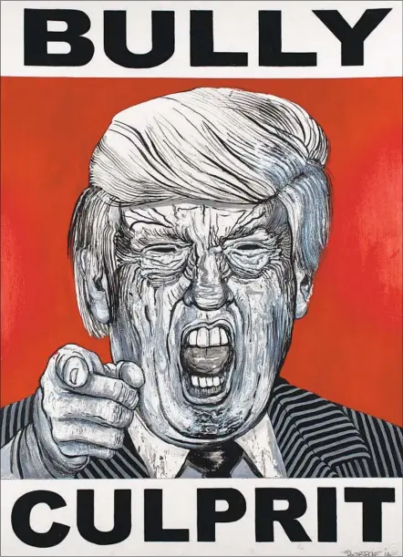  ?? Images from Robbie Conal Track 16 ?? ROBBIE CONAL takes on Trump in a satirical work from his White House-focused exhibition “Cabinet of Horrors” at Track 16.