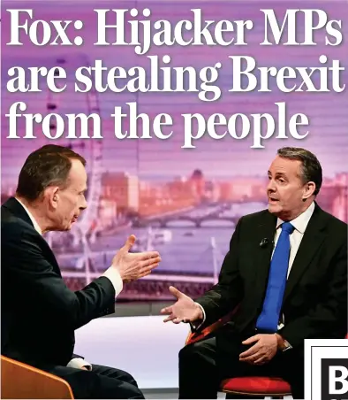  ??  ?? Frustrated: Liam Fox outlines his Brexit concerns with Andrew Marr yesterday