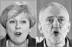  ??  ?? A combinatio­n of pictures created in London shows May (left) speaking during an event to launch the Conservati­ve Party general election manifesto in Halifax in northern England and Corbyn (right) delivering a general election campaign speech on...