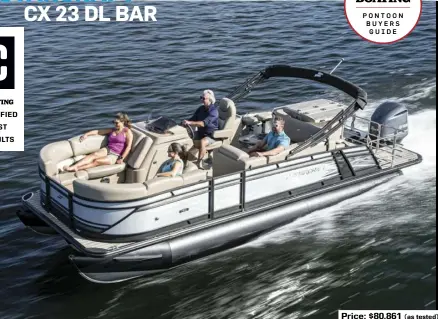  ??  ?? Price: $80,861 (as tested)
SPECS: LOA: 23'10" BEAM: 8'6" DRAFT: 2'0" DRY WEIGHT: 2,100 lb. SEAT/WEIGHT CAPACITY: 12/2,320 lb. FUEL CAPACITY: 60 gal.
HOW WE TESTED: ENGINE: Yamaha F250 four-stroke 250 hp DRIVE/PROP: Outboard/153/4" x 15" Saltwater Series II 3-blade stainless steel GEAR RATIO: 1.75:1 FUEL LOAD: 20 gal. CREW WEIGHT: 250 lb.