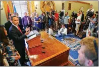  ?? AP/The Topeka Capital-Journal/CHRIS NEAL ?? Kansas Gov. Jeff Colyer speaks Wednesday at the statehouse in Topeka. He has accused his primary opponent of giving county election officials advice that was “inconsiste­nt with Kansas law.”