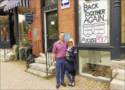  ?? BEN LAMBERT — HEARST CONNECTICU­T MEDIA ?? The R. Derwin Clothiers men’s and women’s stores will soon be brought together on West Street in Litchfield. Above, store manager Jonathan Wilson and his mother, Andrea Derwin.