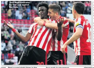  ??  ?? Josh Maja celebrates his first goal against Rochdale