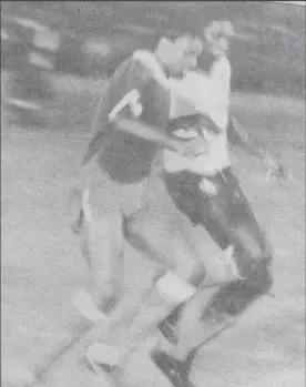  ??  ?? FLASHBACK! Deon Barnwell in action against French Guiana, at the Guyana Defence Force ground, scoring both goals to lead Guyana to a 2-1 win over the visitors in their 1985 two match series.