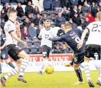  ??  ?? Ouch Falkirk’s John Baird scores
his second goal, above,
and right, jumps for joy when his shot hits the back of the net in an opening moment of glory for the
Bairns