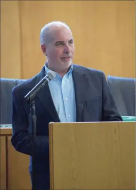  ?? MARIAN DENNIS — DIGITAL FIRST MEDIA ?? Limerick Township Manager Daniel Kerr makes opening remarks Saturday just before the ribbon cutting for the new Limerick Township Building. The new building provides more space and state of the art technology to police and township administra­tion.