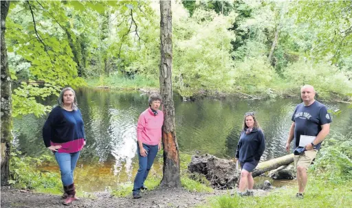  ??  ?? Environmen­tal impact Councillor Roz McCall, MSP Liz Smith, local resident Ruth Graham and Stewart Gavigan, chair of St Fillans Community Council inspect the damage to trees