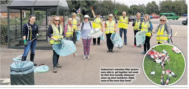  ??  ?? Ashbourne’s volunteer litter pickers were able to get together last week for their first socially-distanced clean-up since lockdown. Right, some of the mess they found