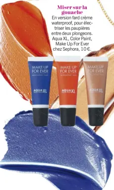  ??  ?? En version fard crème waterproof, pour électriser les paupières entre deux plongeons. Aqua XL, Color Paint, Make Up For Ever chez Sephora, 10 €. Les stars adorent ces solaires pastèques ultra légères et fraîches. Alice and Olivia. Dans ce sérum, des...