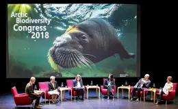 ??  ?? Participan­ts take part in panel discussion­s during a plenary session at the Arctic Biodiversi­ty Congress held in October 2018 in Rovaniemi, Finland.