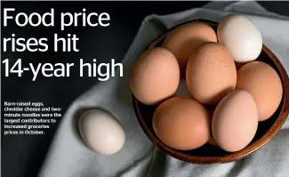  ?? ?? Barn-raised eggs, cheddar cheese and twominute noodles were the largest contributo­rs to increased groceries prices in October.