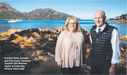  ??  ?? Premier Peter Gutwein and East Coast Tasmania Tourism CEO Rhonda Taylor at Coles Bay. Picture: Chris Kidd