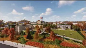  ?? New Canaan Library / Contribute­d photos ?? How the library officials envision the campus with the new library, the 1,200-square-foot legacy building and redesigned landscapin­g.