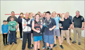  ??  ?? Winners are grinners: Numurkah Squash Club’s grand final winners (front) David Poort, Sam McPherson, Max Hall, Eve Vandergees­t and Sam Kelly.
